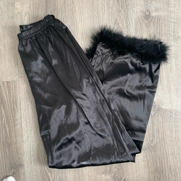 NWT night Black Satin Pajama Set With Feather Trim 8 - Picture 3 of 5